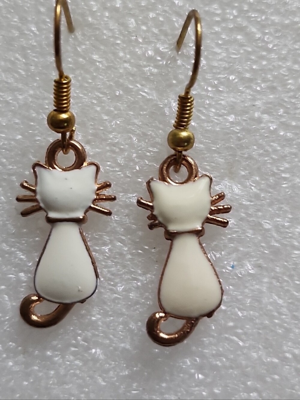 Hand Crafted White and Gold Cat Dangle Earrings